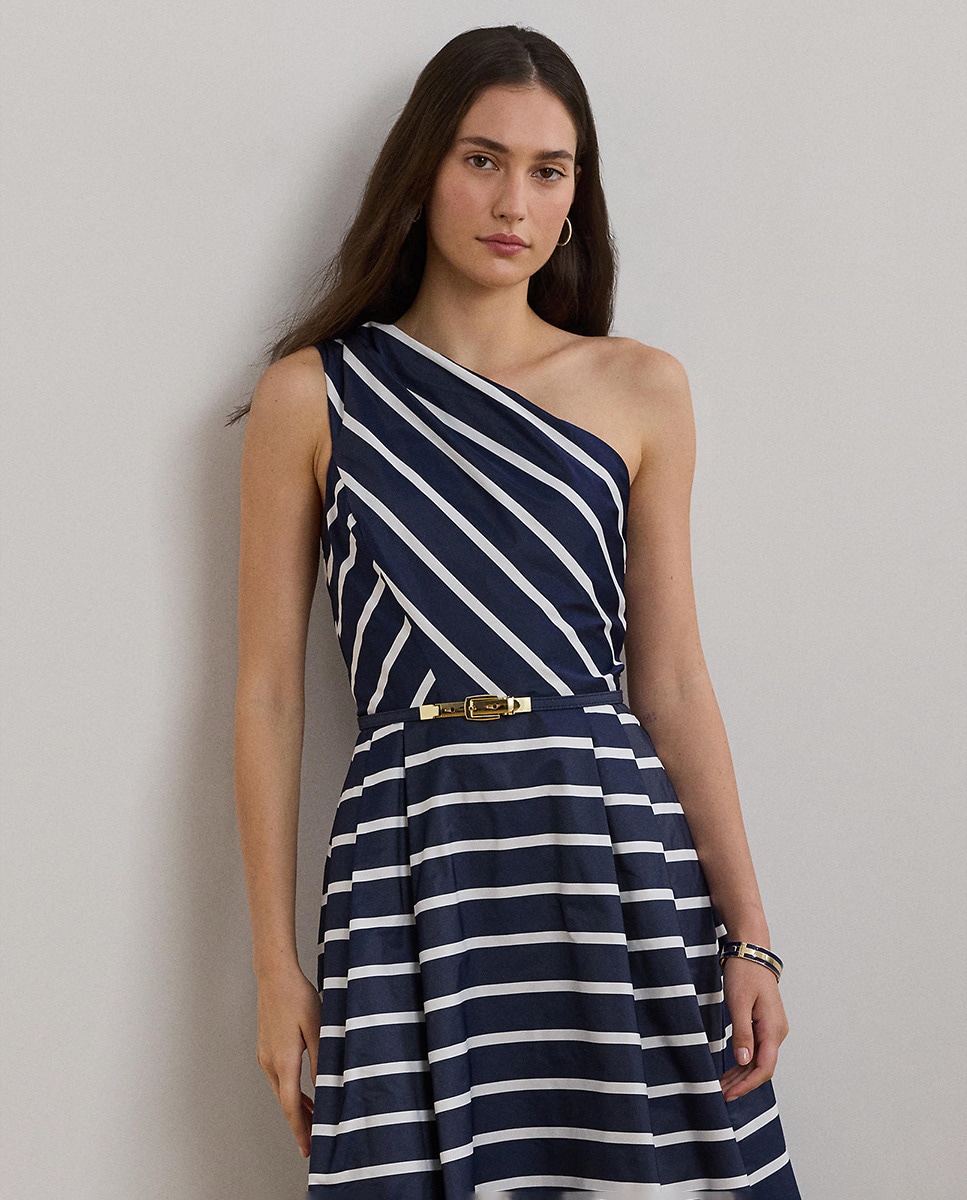Vestido de Cocktail Midi às Riscas Azul-marinho-4