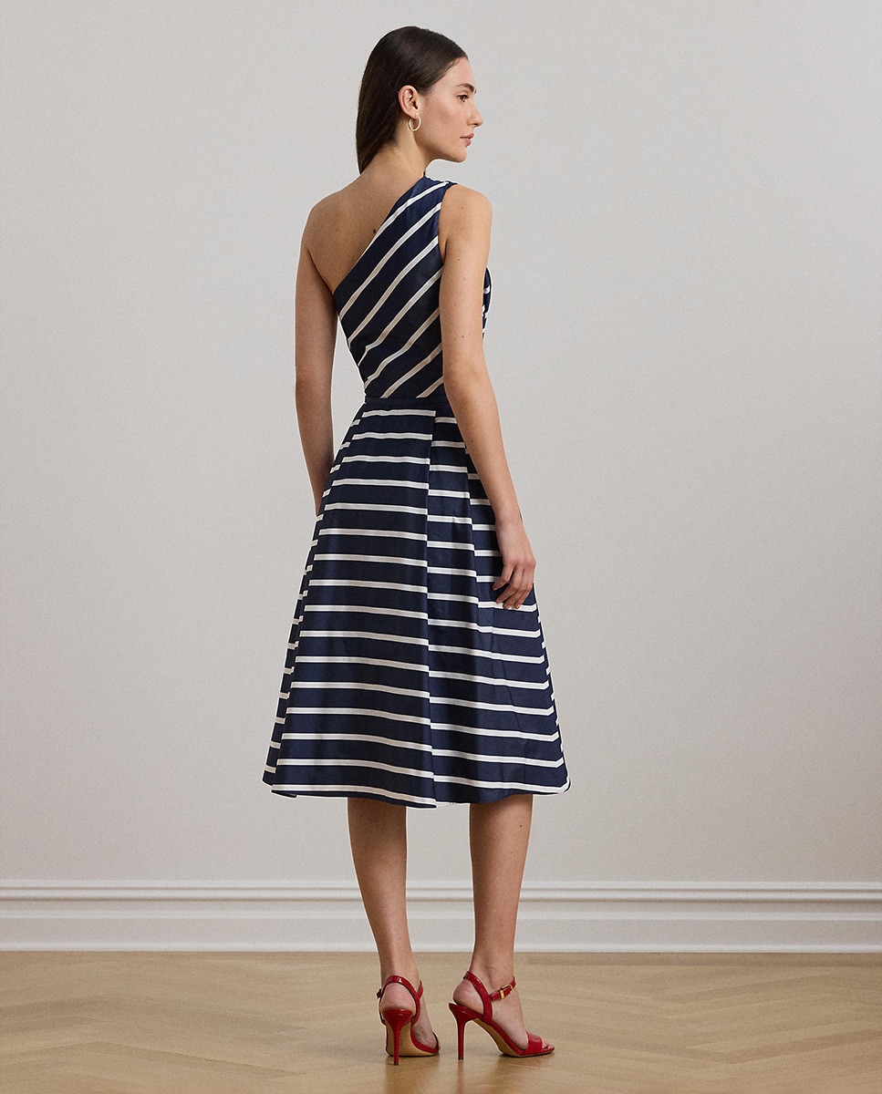 Vestido de Cocktail Midi às Riscas Azul-marinho-3