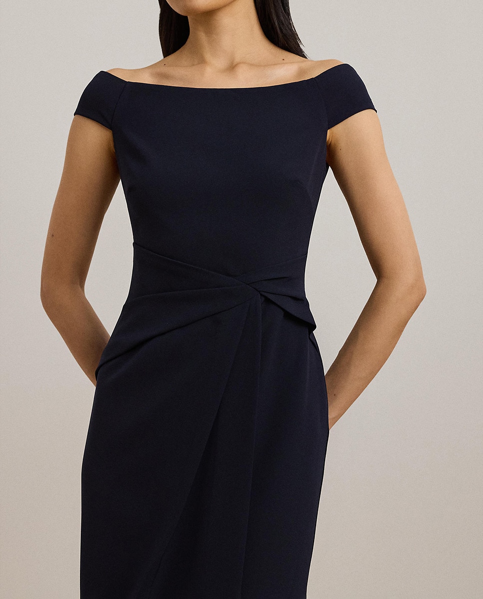 Vestido Comprido com Drapeado Fluido Azul-marinho-5
