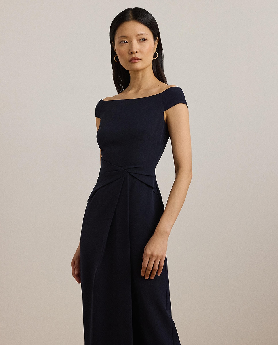 Vestido Comprido com Drapeado Fluido Azul-marinho-4