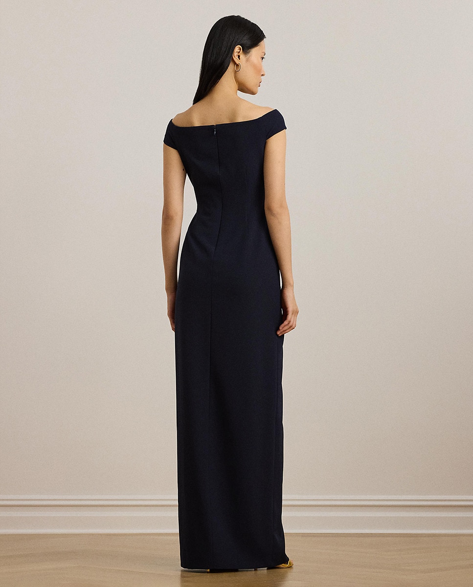 Vestido Comprido com Drapeado Fluido Azul-marinho-3