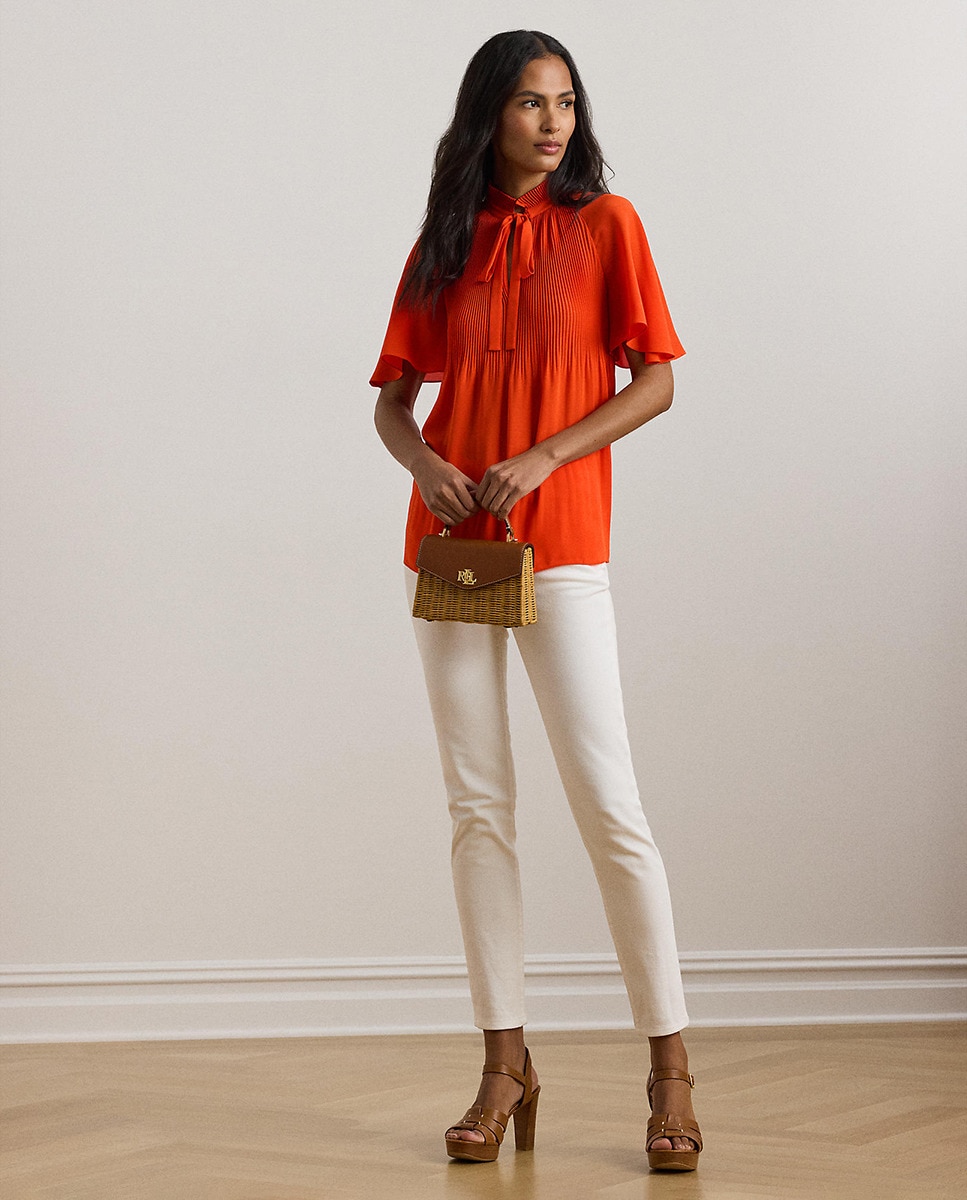 Blusa de Manga Curta com Laço no Colarinho Laranja-6
