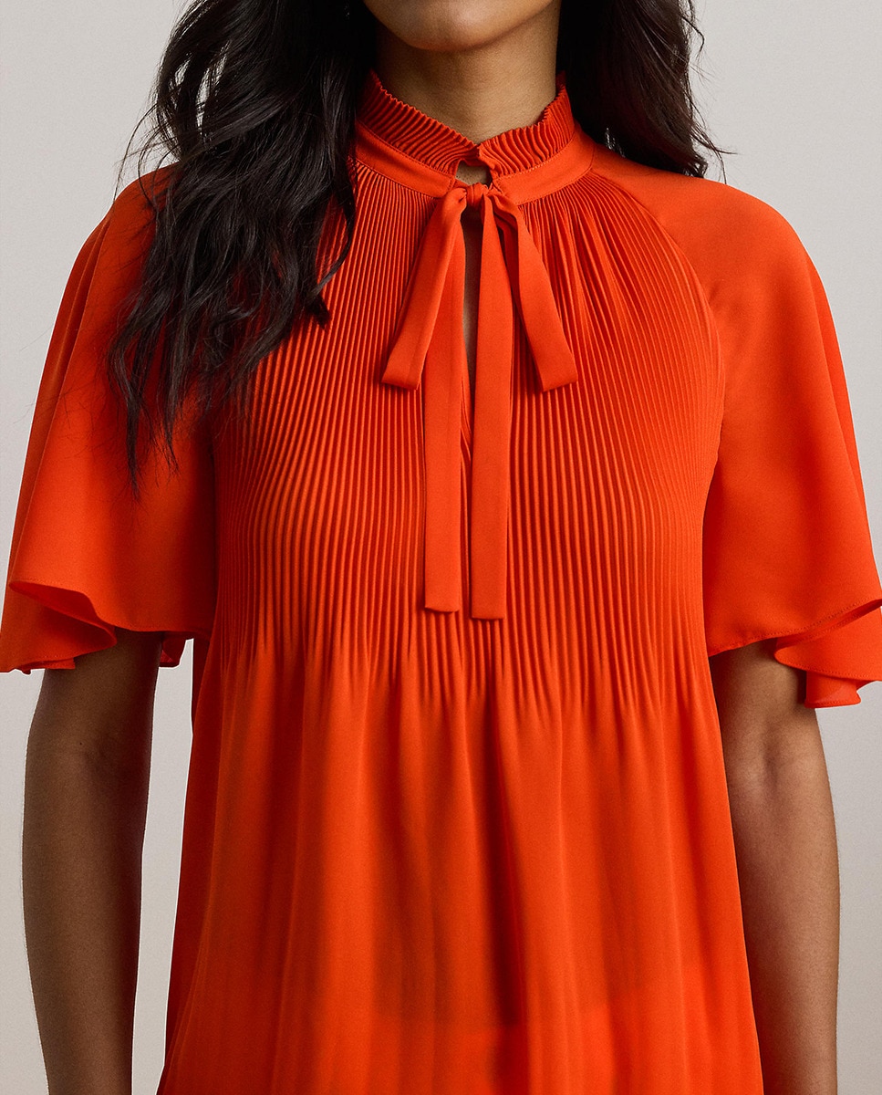 Blusa de Manga Curta com Laço no Colarinho Laranja-4