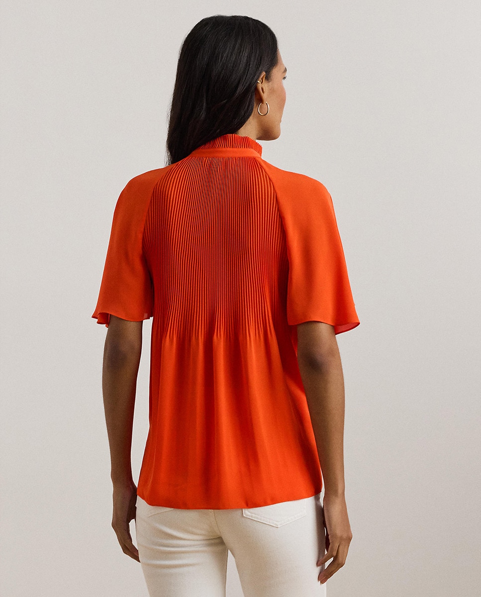 Blusa de Manga Curta com Laço no Colarinho Laranja-3