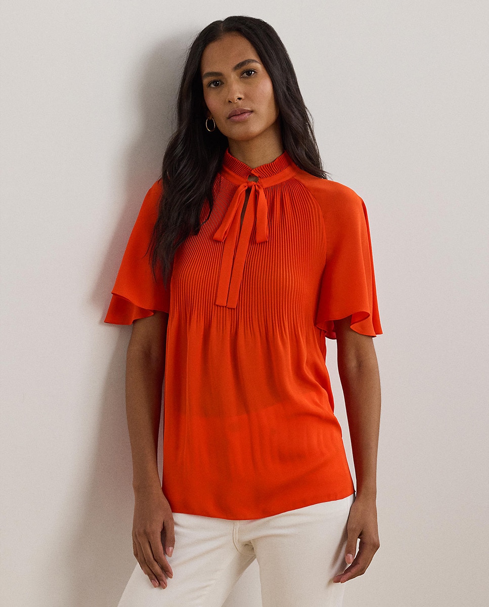 Blusa de Manga Curta com Laço no Colarinho Laranja-1