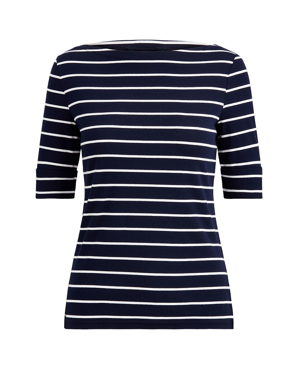T-shirt de mulher às riscas com manga 3/4 Azul-marinho-5