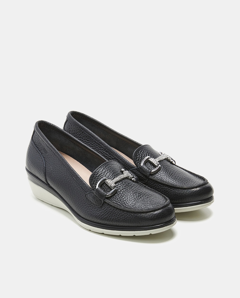 Mocassins de Cunha em Pele Metalizada - Platina Preto-2
