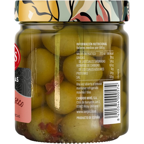 Manzanilla-Oliven in Marinade aus sonnengetrockneten Tomaten und Gewürzen Flacon 220 g netto Abtropfgewicht