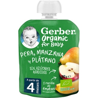 pera, manzana y plátano ecológicos sin azúcares añadidos desde 4 meses bolsita 90 g - Gerber