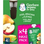 pera, manzana y plátano ecológicos y sin azúcares añadidos desde 4 meses pack 4 bolsitas 90 g