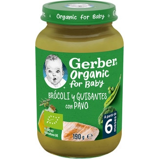 tarrito de brocoli y guisantes con pavo ecológico desde 6 meses envase 190 g - Gerber