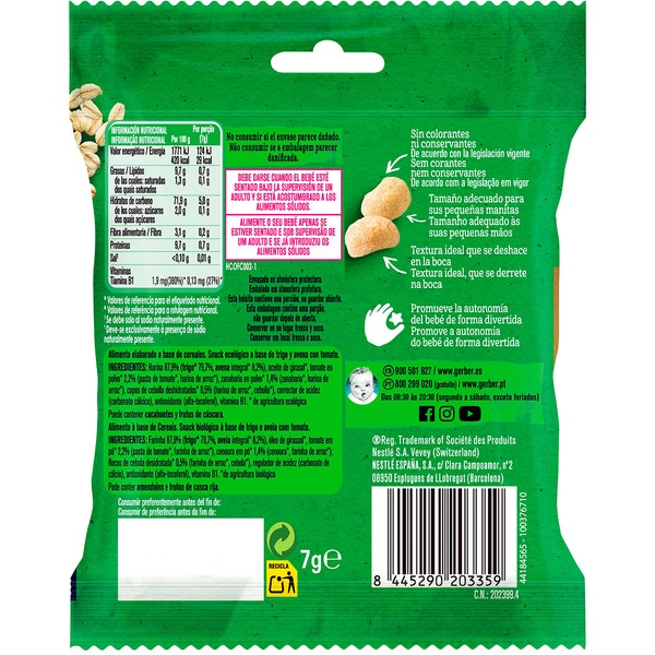 Grain & Grow puffs snacks ecológicos de cereales con tomate 0% sal añadida desde 10 meses bolsa 7 g