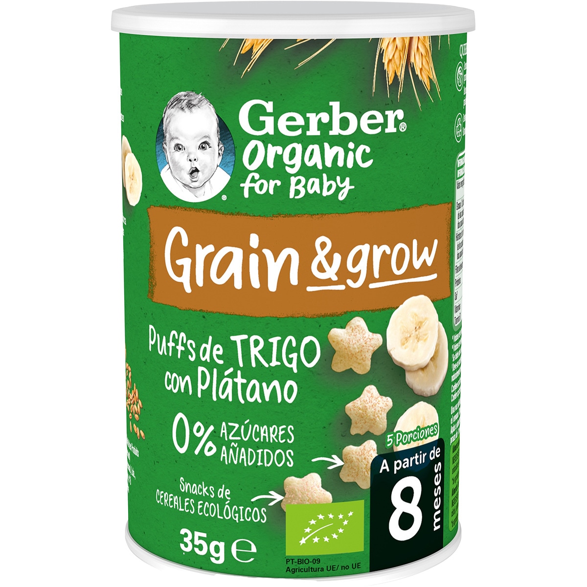 Grain & Grow puffs snacks ecológicos de cereales con plátano 0% azúcares añadidos lata 35 g desde 8 meses