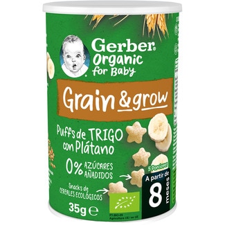 Grain & Grow puffs snacks ecológicos de cereales con plátano 0% azúcares añadidos lata 35 g desde 8 meses - Gerber