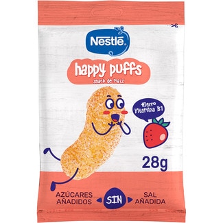 Happy Puffs snacks de maíz sabor fresa sin sal y sin azúcares añadidos bolsa 28 g - Nestle