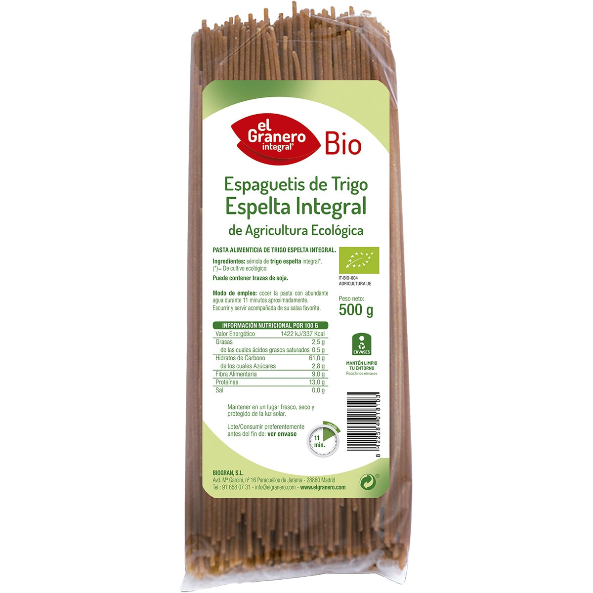 Bio espaguetis de espelta integral de cultivo ecológico envase 500 g