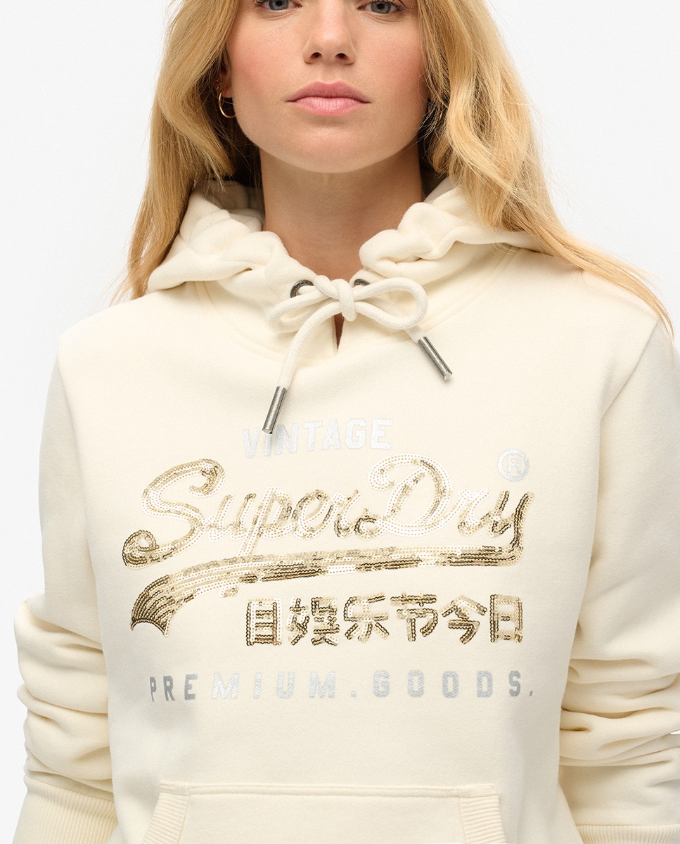 Sweatshirt Gráfica com Capuz com Adornos e Logótipo Creme-2