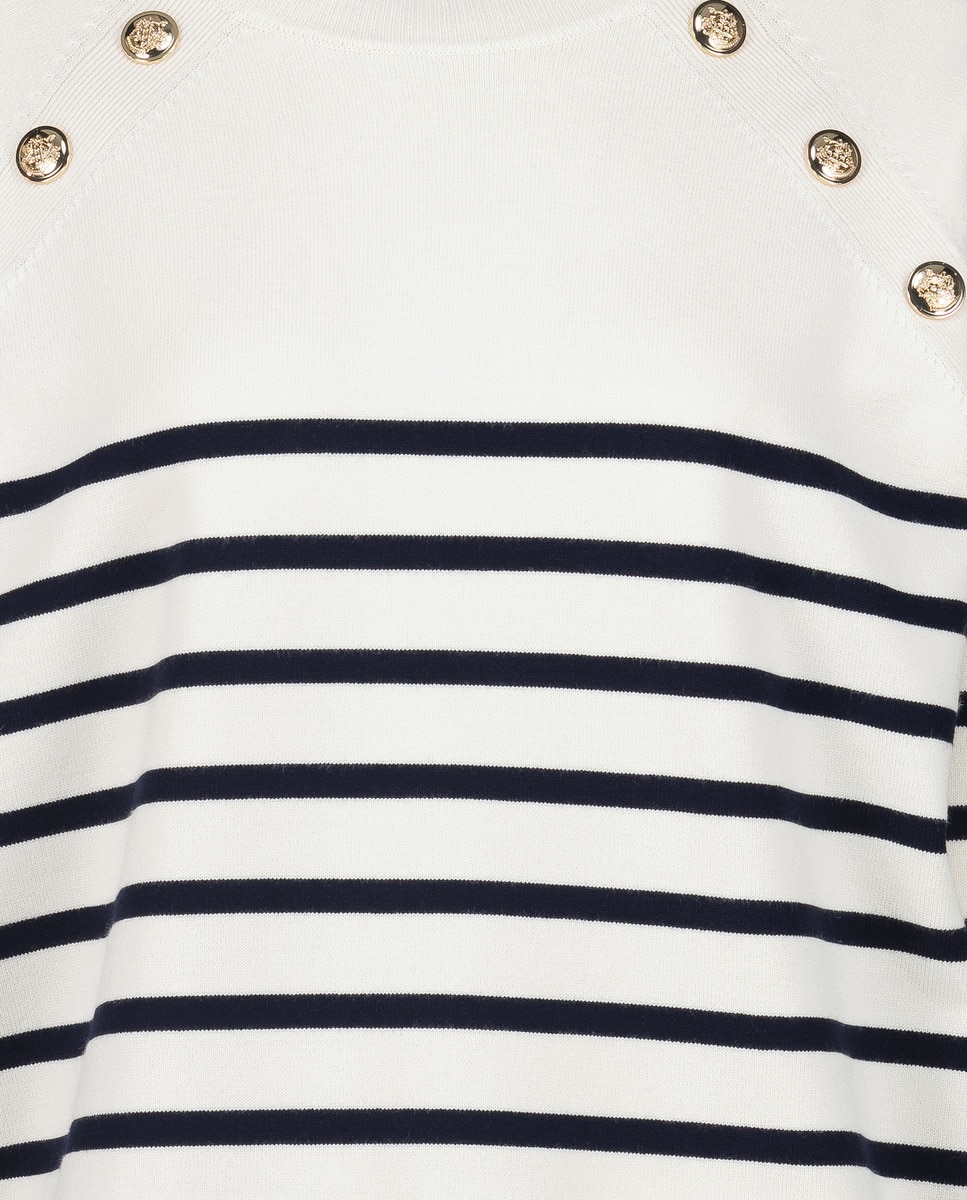Camisola de Malha às Riscas com Botões nos Ombros Branco-5