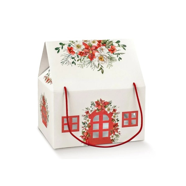 Imagem 0 de Caixa de oferta casinha com cordão vermelho e branco Decoração floral de Natal 33x25x19 cm - Scotton