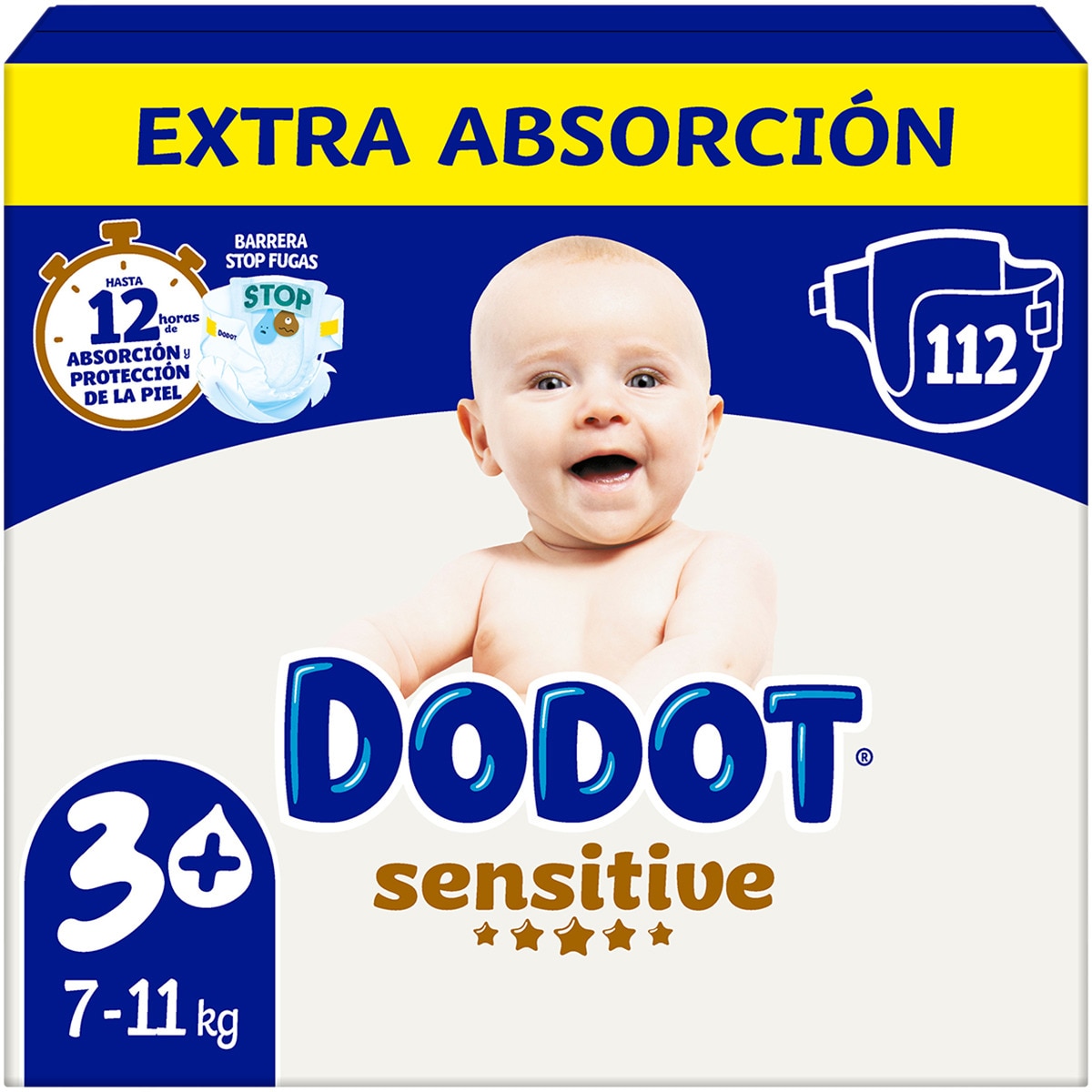 sensitive pañales extra absorción de 7 a 11 kg talla 3+ bolsa 112 unidades