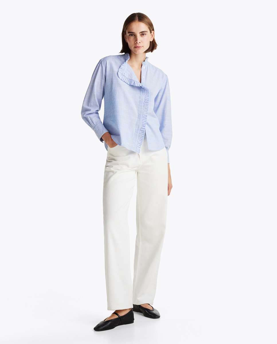 Camisa de Manga Comprida com Folhos Azul-claro-6