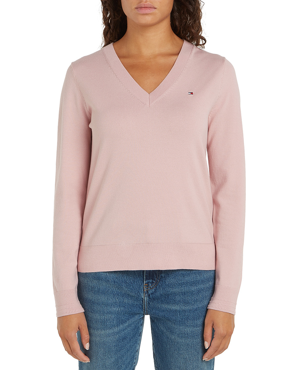 Camisola de Malha com Decote em Bico e Estampado Rosa-claro-1