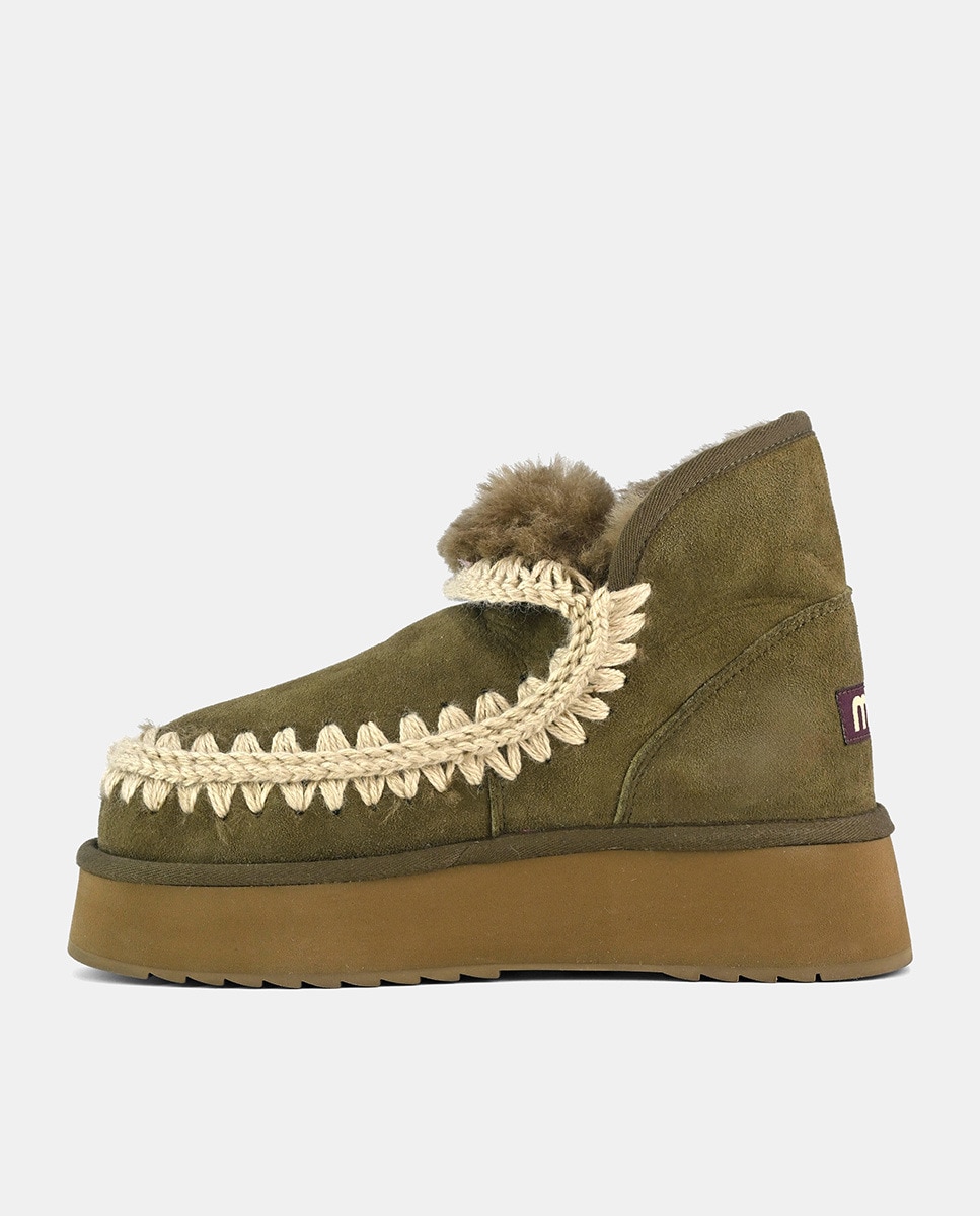 Botins Rasos Mini Eskimo em Pele com Plataforma Verde Musgo-5