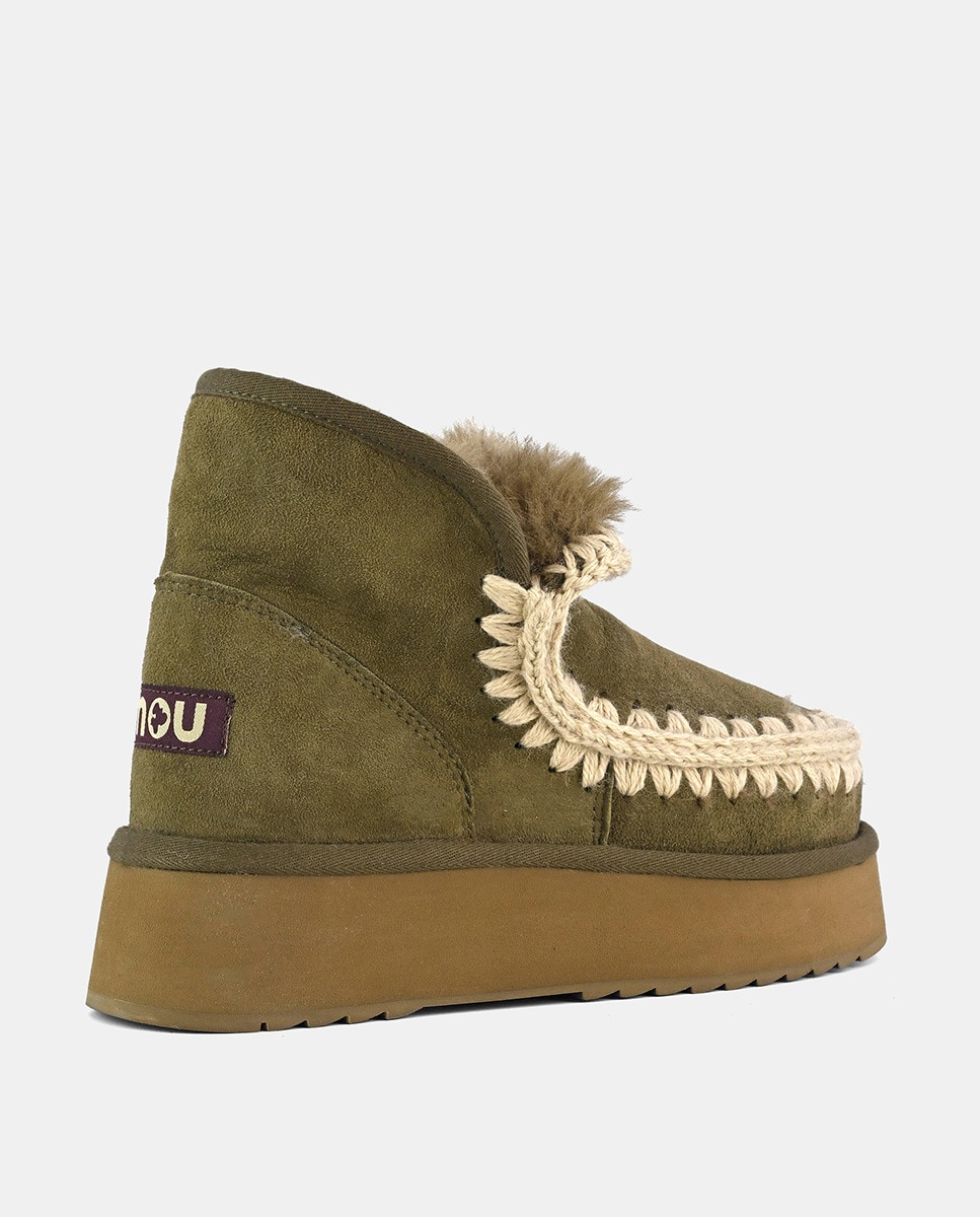 Botins Rasos Mini Eskimo em Pele com Plataforma Verde Musgo-3