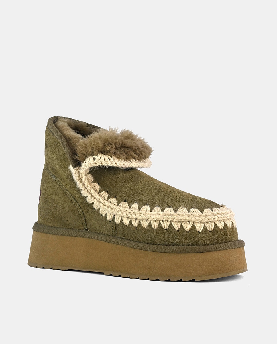 Botins Rasos Mini Eskimo em Pele com Plataforma Verde Musgo-2