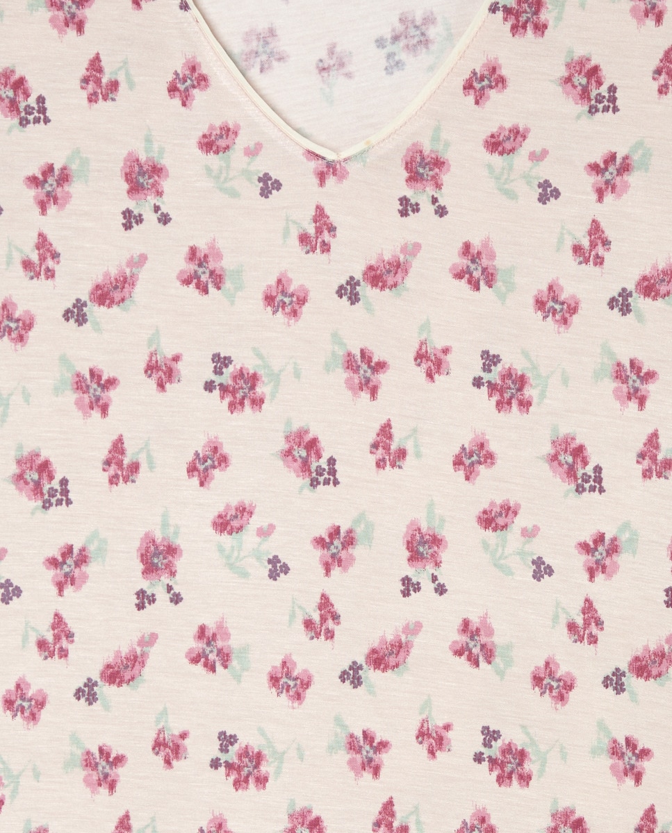 Camisa de Dormir Estampada com Decote em Bico e Folho na Parte Inferior Rosa-4