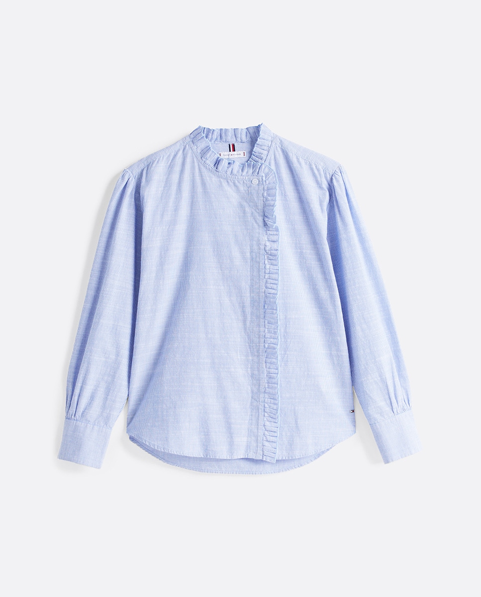 Camisa de Manga Comprida com Folhos Azul-claro-4