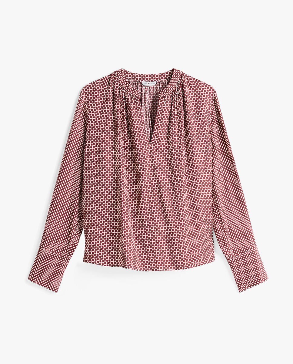 Blusa de Manga Comprida Fluida com Decote em Bico Vermelho-4