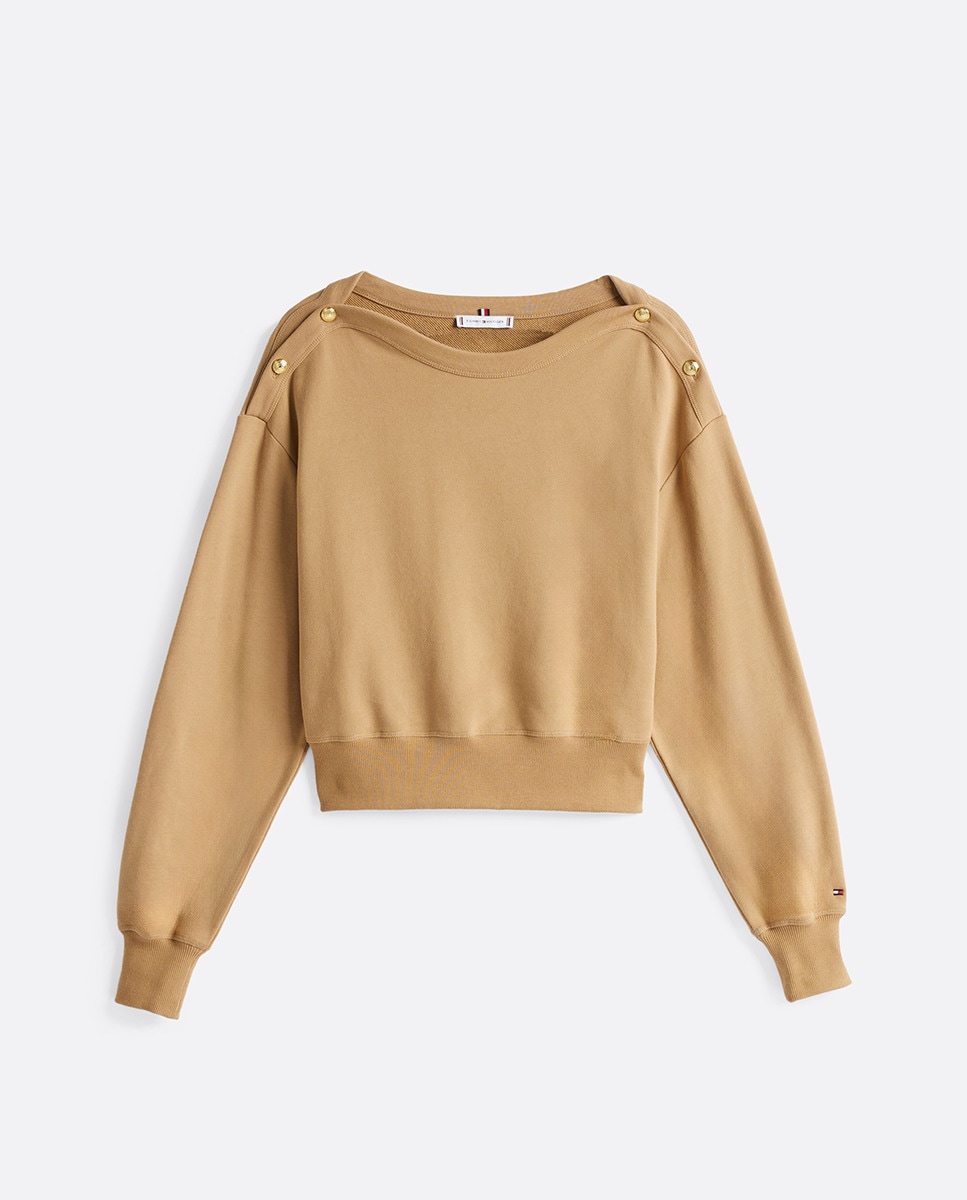 Sweatshirt sem Capuz com Botões Dourados nos Ombros Camel-4