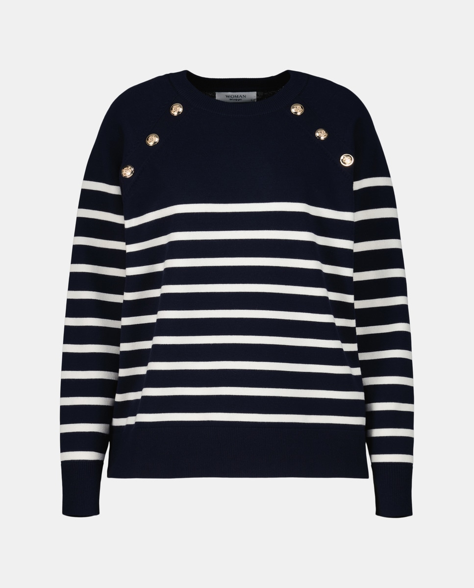 Camisola de Malha às Riscas com Botões nos Ombros Azul-4