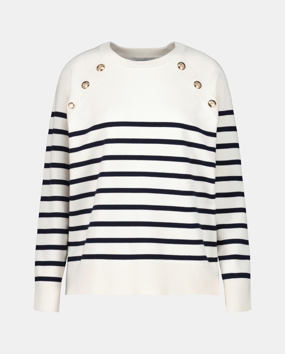 Camisola de Malha às Riscas com Botões nos Ombros Branco-4