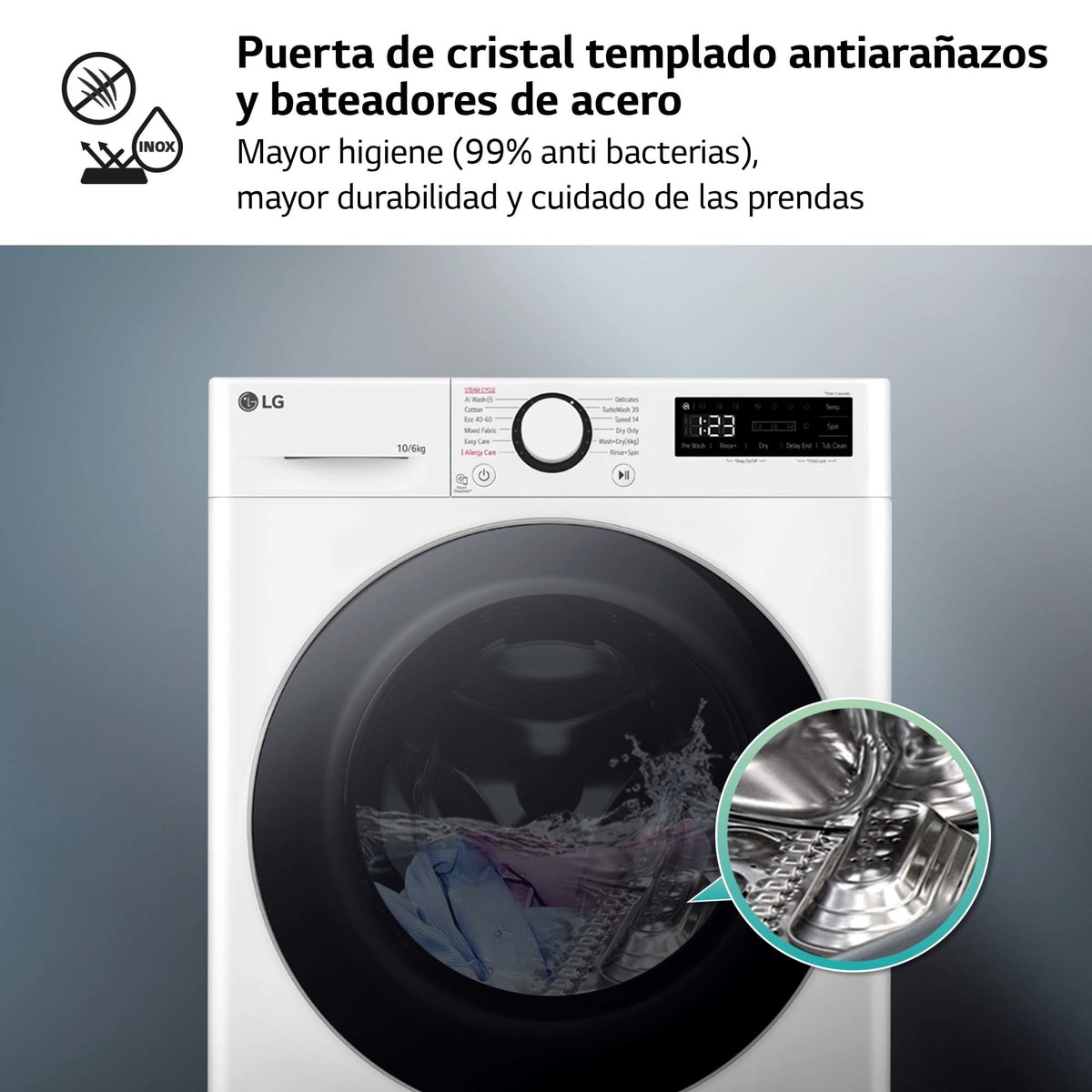 Lavadora secadora LG 10 kg lavado,  6 kg secado,  1.400 rpm, inteligencia artificial - F4DR6010A1W Blanco-8