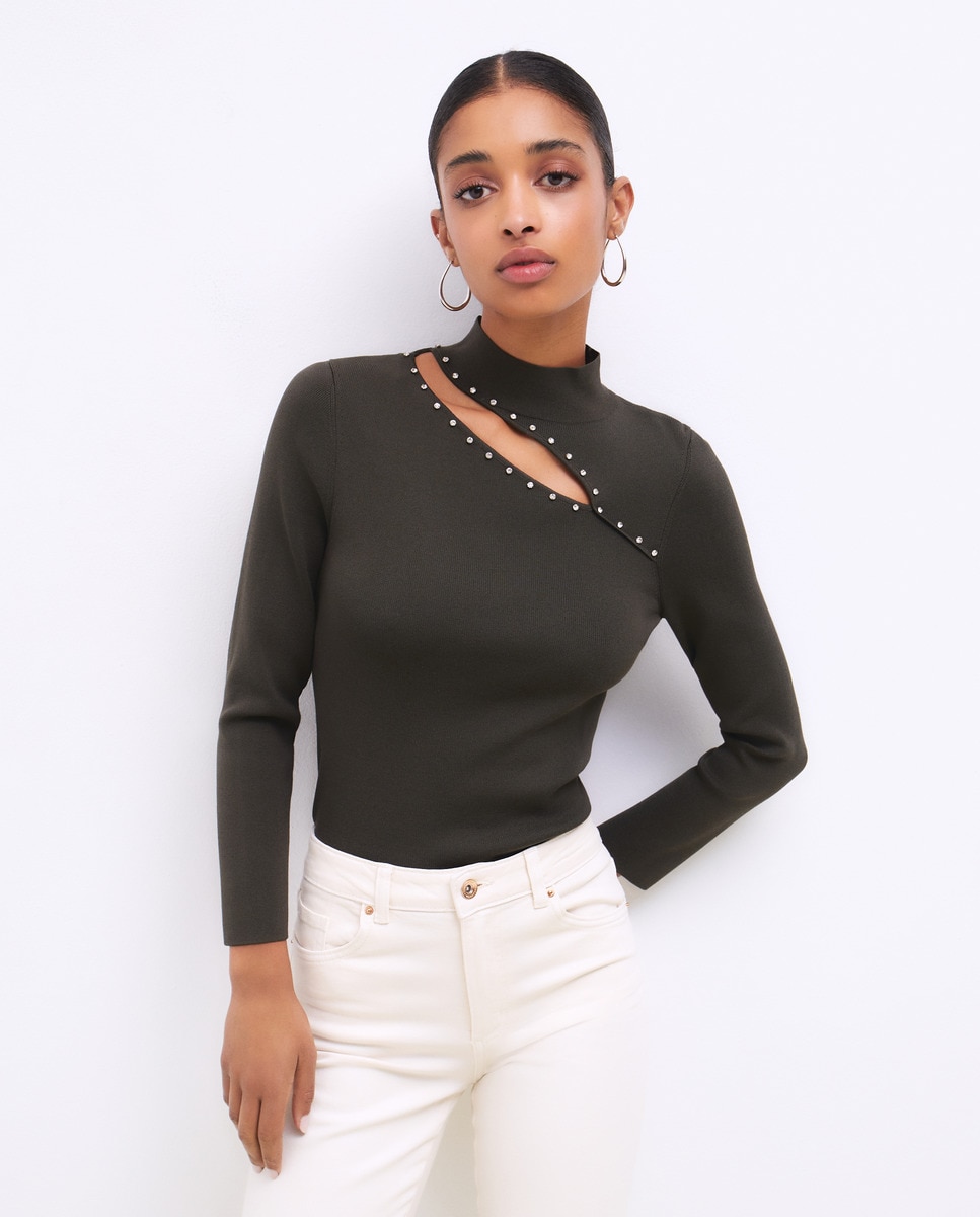 Camisola de malha com meia gola e manga comprida 530 Verde Escuro-1