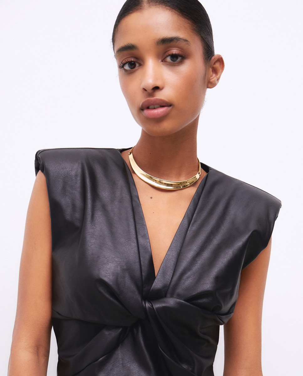 Vestido Midi sem Mangas e com Efeito de Pele Preto-2