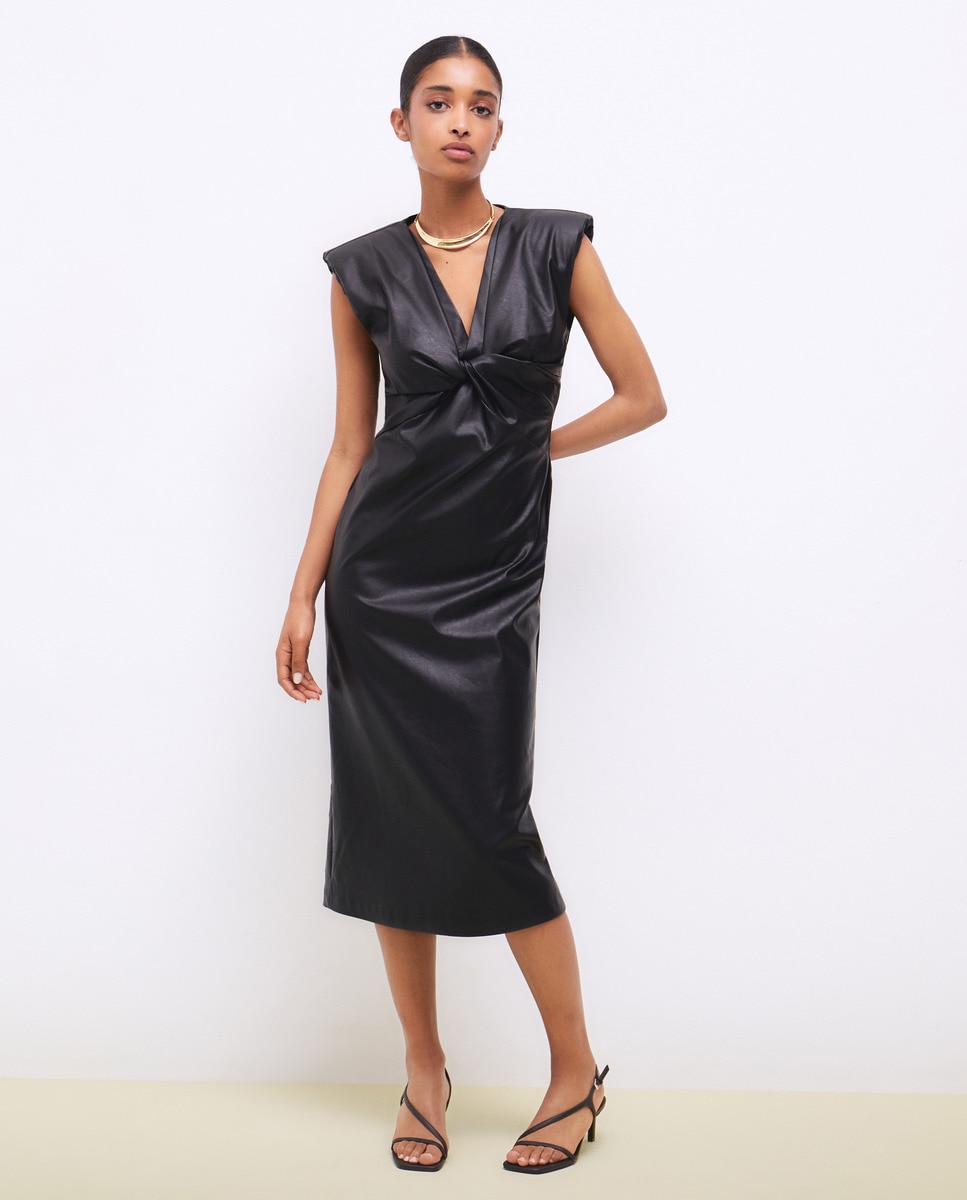 Vestido Midi sem Mangas e com Efeito de Pele Preto-1