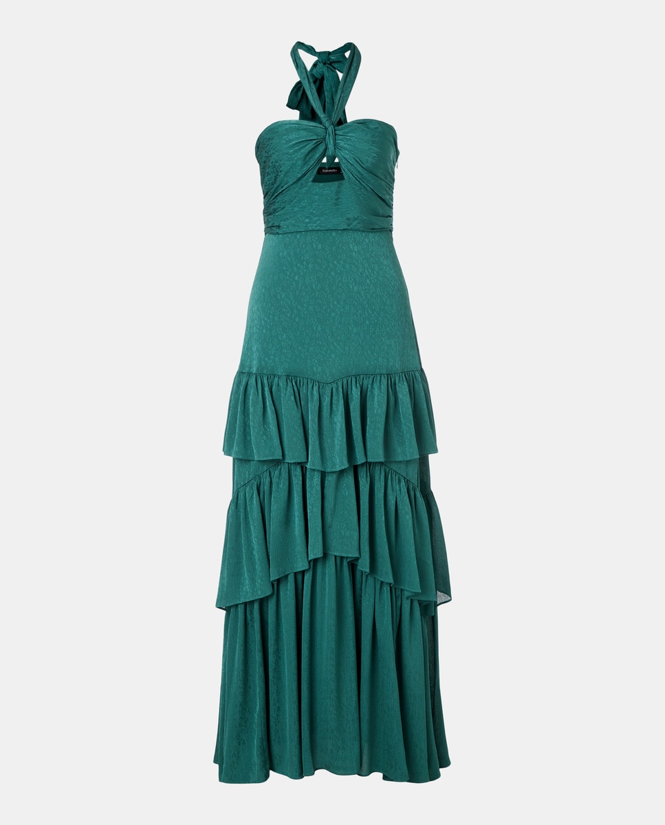 Vestido de Gola Halter com Folhos Verde-4