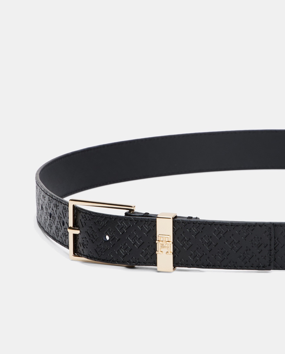 Cinto em Pele com Estampado de Monograma - Preto Preto-2
