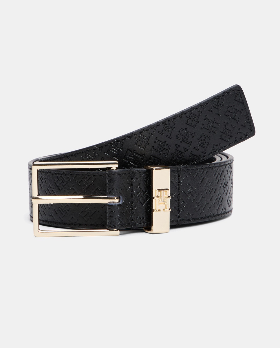 Cinto em Pele com Estampado de Monograma - Preto Preto-1