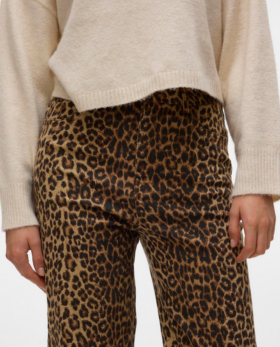 Jeans de Perna Larga com Animal Print de Leopardo Castanho-4