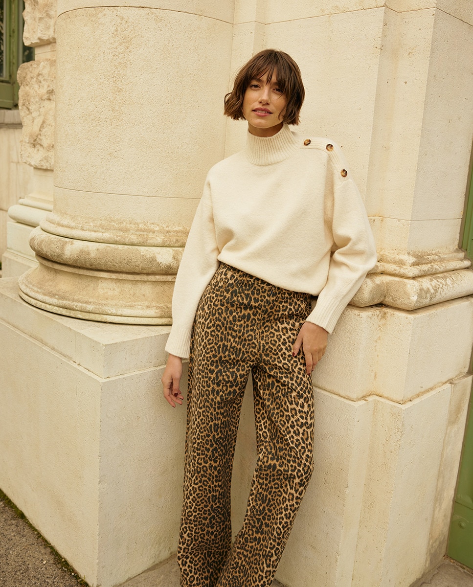 Jeans de Perna Larga com Animal Print de Leopardo Castanho-5