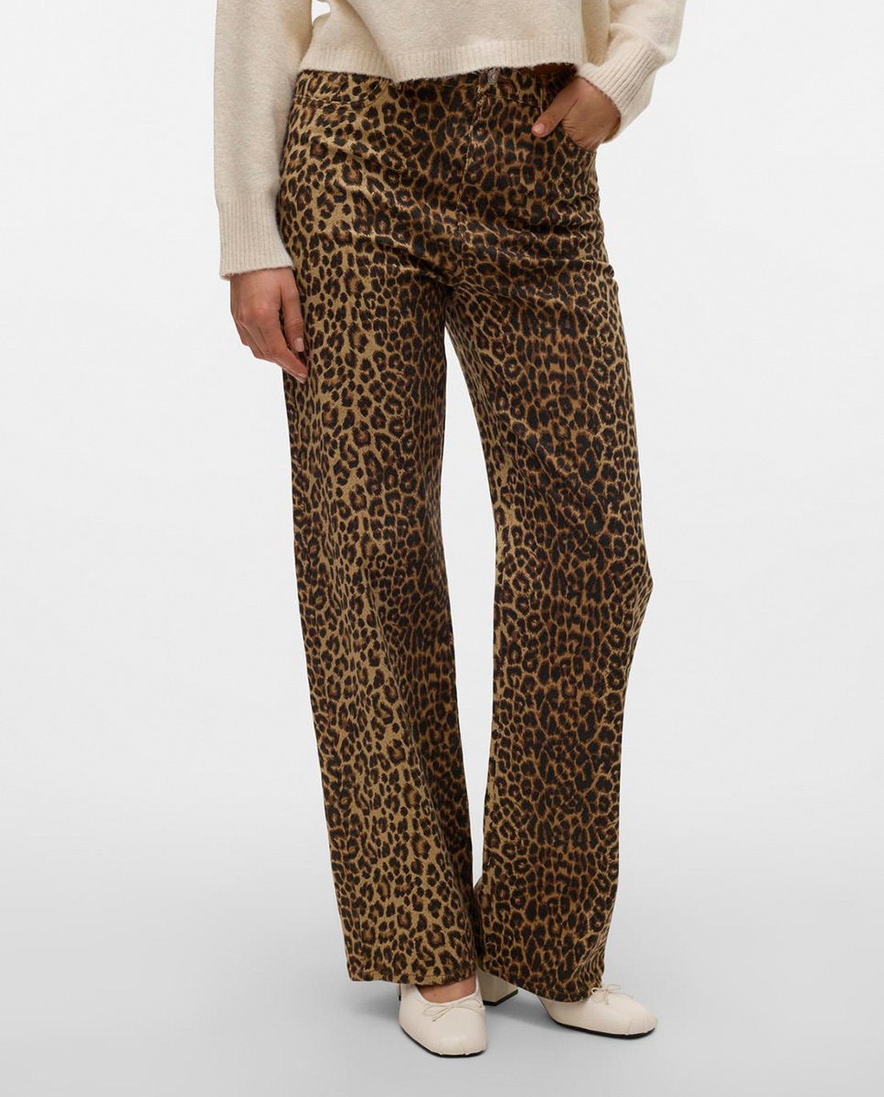 Jeans de Perna Larga com Animal Print de Leopardo Castanho-2
