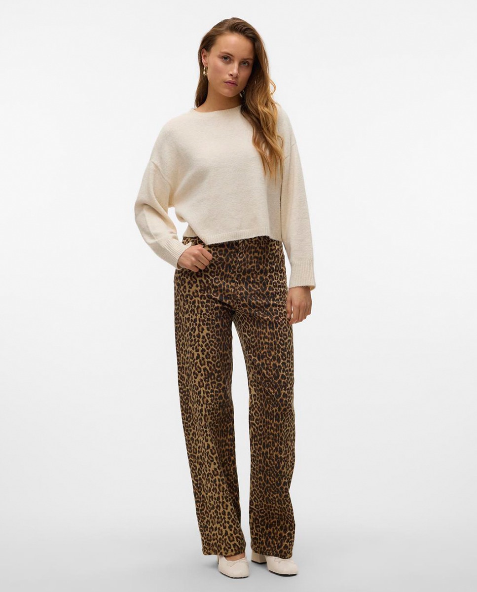 Jeans de Perna Larga com Animal Print de Leopardo Castanho-1