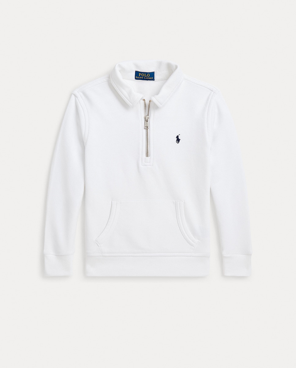 Camisola de Malha com Fecho de Correr Curto e Bolso Canguru Branco-1