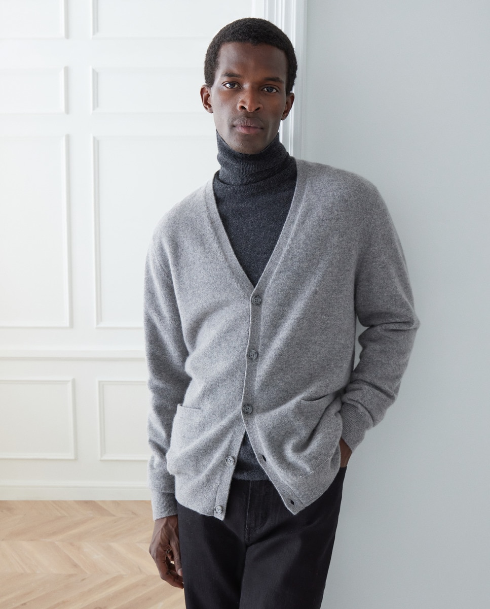 Cardigan Liso com Botões 100% Caxemira Cinzento-claro-2