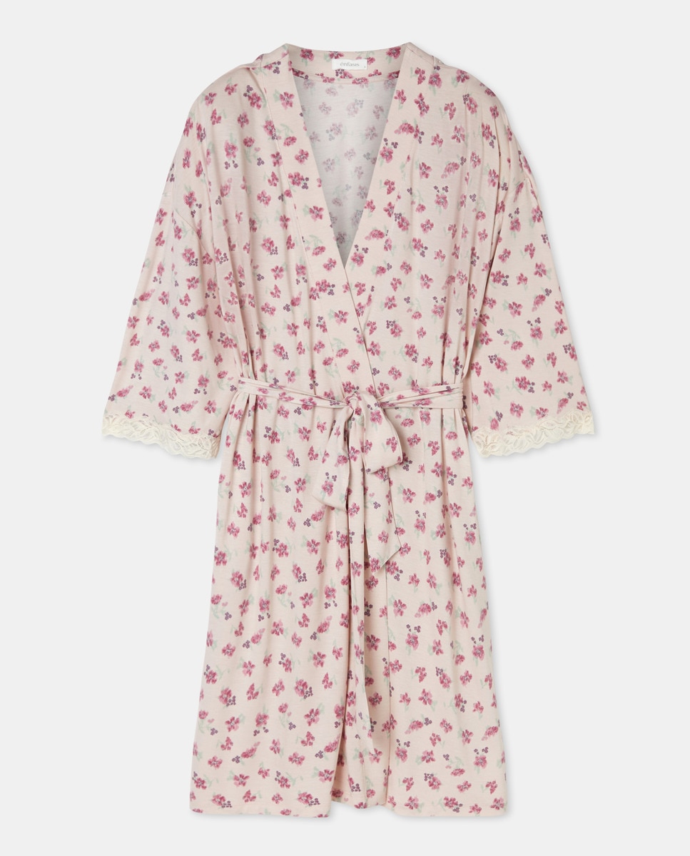 Robe de Estampado Floral com Cinto com Detalhes de Renda Rosa-3