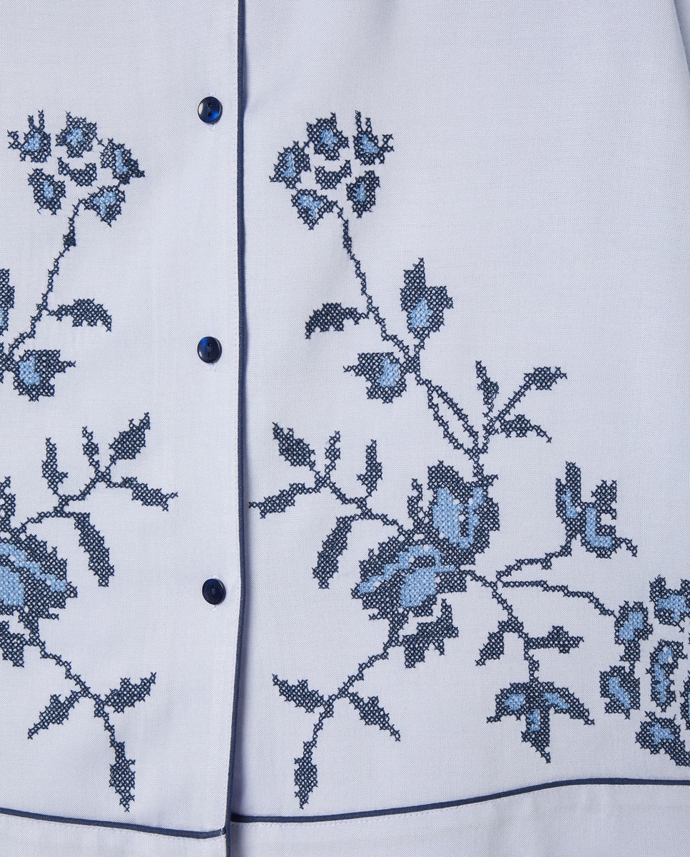 Pijama Camiseiro com Bordado Floral 400 Azul-4